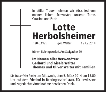 Traueranzeige von Lotte Herbolsheimer von Pegnitz-Zeitung